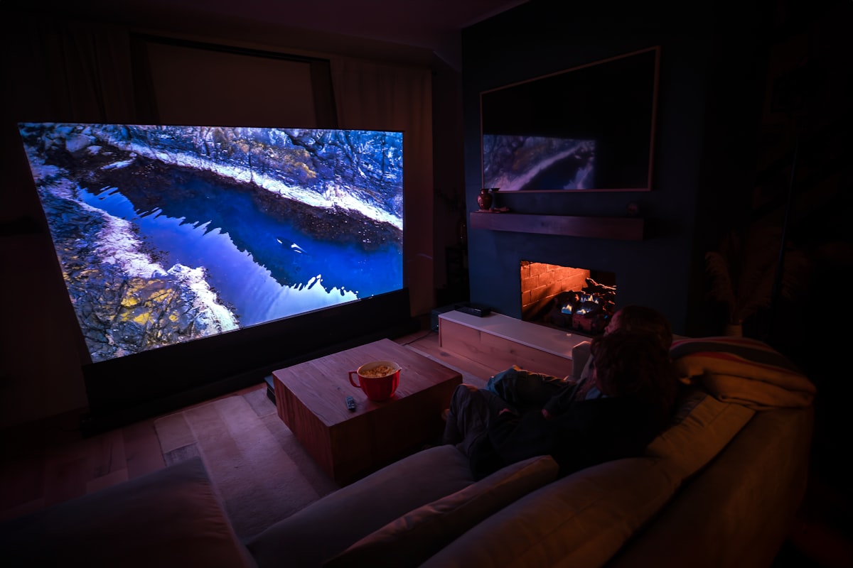 Custom home theater room with large screen and comfortable seating in East Tennessee